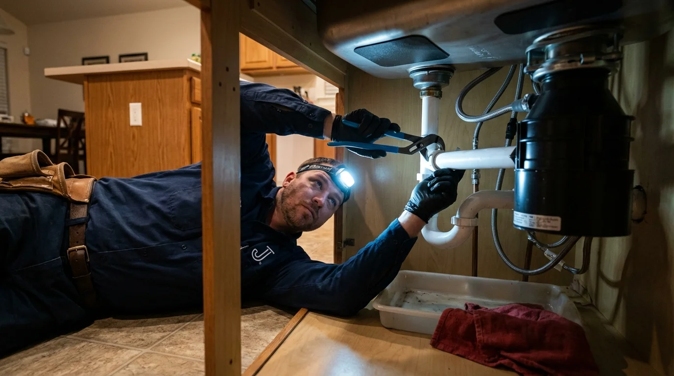 P-trap and supply line connections under a kitchen sink showing a common leak point in Livermore, KY